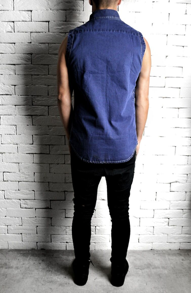 Blue Sleeveless Shirt | Mens Cut Off Shirts | ETTO Boutique 