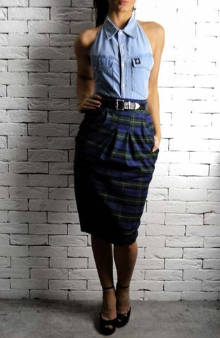 Navy/Green Tartan Hudson Midi Skirt | Women's Skirts | ETTO Boutique 