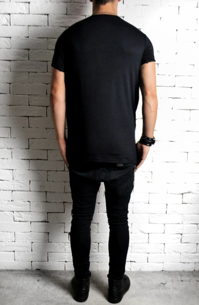 Directional Leather Embossed Panel T-Shirt - Black