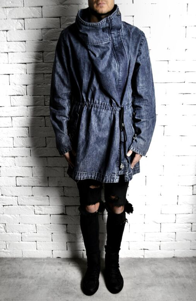 Mens black sales denim trench coat